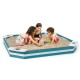 Hexagonal outdoor solid wood sandbox with built-in animal pattern seats, perfect for 2-3 children to play safely.