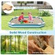Outdoor solid wood sandbox made of natural cedar with 4 built-in animal pattern seats for kids' playtime.
