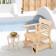 Outdoor wood rocking chair with high back and widened armrests, placed by a pool for comfortable relaxation.