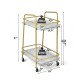 Side view of the 2-tier kitchen rolling cart with gold steel frame, showcasing dimensions and sturdy construction for.
