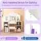 Kids vanity table and chair set in white with removable tri-fold mirror, featuring anti-tipping device for safety.