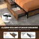 Full/Queen size bed frame with 4 large rolling storage drawers and smooth casters for easy movement and organization.