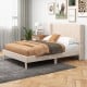 Full/Queen size upholstered bed frame with geometric wingback headboard, featuring breathable linen fabric and.