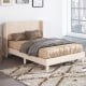 Upholstered full/queen bed frame with geometric wingback headboard, breathable linen fabric, and under-bed storage.