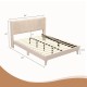 Queen size upholstered bed frame with geometric wingback headboard, breathable linen fabric, and under-bed storage.