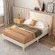 Upholstered full/queen bed frame with geometric wingback headboard, featuring breathable linen fabric and under-bed.