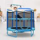 5ft kids trampoline with blue enclosure net, adjustable horizontal bar, and gymnastic rings for safe indoor play.