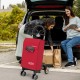 Folding shopping cart in red with 360° swivel wheels, lightweight aluminum base, and machine washable bag for easy.