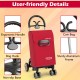 Folding shopping cart in red with ergonomic handle, 360° swivel wheels, and sturdy aluminum frame for easy mobility.
