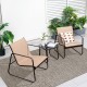 Two brown patio chairs with ergonomic design and a glass-top table, perfect for backyard relaxation.