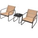 Two brown patio chairs with ergonomic armrests and a glass-top coffee table, perfect for backyard relaxation.