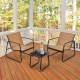 Two ergonomic patio chairs with breathable fabric and a glass-top table, perfect for backyard relaxation.