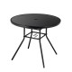 Round 34-inch patio dining table with tempered glass top and 1.5-inch umbrella hole, ideal for indoor and outdoor use.