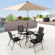 34" round patio dining table with tempered glass top, accommodating 4 people, featuring a 1.5" umbrella hole for.