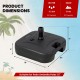 Fillable black patio umbrella base with handle, holds 5.2 gallons of water or 51 lbs of sand, for 1.5-inch poles.