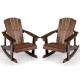 Two outdoor wooden kid Adirondack rocking chairs with slatted seats in coffee color, perfect for relaxing in your.
