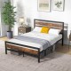 Full/Queen industrial bed frame with rustic headboard, featuring under-bed storage and noise-free slats for quiet sleep.