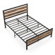 Full/Queen industrial bed frame with rustic headboard and footboard, featuring a noise-free design and 12" under-bed.