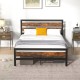 Full/Queen industrial bed frame with rustic headboard and footboard, featuring under-bed storage clearance for.