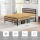 Full/Queen industrial bed frame with rustic headboard, noise-free design, and 12" under-bed clearance for storage.