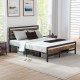 Full/Queen industrial bed frame with rustic headboard and footboard, featuring easy assembly and 12" under-bed.