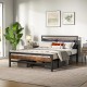 Queen size industrial bed frame with rustic headboard and footboard, featuring under-bed storage clearance and.