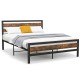 Industrial queen bed frame with rustic wood accents, showcasing a noise-free design and sturdy middle support legs.