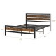 Queen size industrial bed frame with rustic headboard and footboard, featuring 12" under-bed clearance for storage.