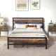 Queen size industrial bed frame with rustic headboard and footboard, featuring easy assembly and 12" under-bed.