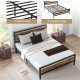 Queen size industrial bed frame featuring a rustic headboard, heavy-duty metal construction, and 12" under-bed.