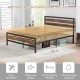Queen size industrial bed frame with rustic headboard and footboard, featuring easy assembly and 1100 lbs capacity.