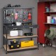 48-inch black workbench with pegboard, drawers, and shelves, ideal for organizing tools in a garage or workshop.