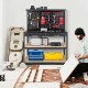 48-inch black workbench with pegboard, drawers, and tools organized, ideal for garage or workshop projects.