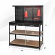 48-inch black workbench with pegboard, two drawers, and open shelves, ideal for garage or workshop storage.