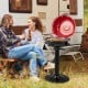 Portable electric BBQ grill in black and red, featuring a non-stick rack, ideal for camping and outdoor parties.