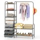 Gray free standing closet organizer displaying a variety of clothing and accessories, perfect for bedroom or entryway.