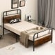 Twin size bed frame with industrial headboard, heavy-duty metal, rustic wood grain, ideal for storage and easy.