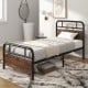 Twin size bed frame with industrial headboard, showcasing slatted platform design for mattress ventilation and.