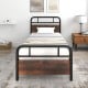 Twin size bed frame with industrial headboard, front view showcasing rustic wood grain and sturdy metal construction.