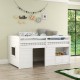 Twin size solid wood low loft bed in white with storage drawer and open shelf, ideal for kids' rooms and play areas.