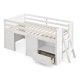 Twin size solid wood low loft bed in white featuring sturdy wooden slats and full-length guardrails for enhanced safety.