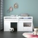 Twin size solid wood low loft bed in white with storage drawer and open shelf, ideal for kids' rooms and apartments.
