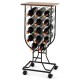 14-bottle wine rack in black with a wooden top, featuring detachable lockable wheels for easy movement and stability.