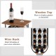 Wine rack with black metal structure, holding 14 bottles, featuring a wooden top for glass display and detachable.