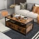 Rustic brown coffee table with 2 drawers and open shelf, featuring a sturdy metal frame for living room storage.