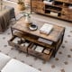 Rustic brown coffee table showcasing a wide tabletop and open shelf, ideal for display and versatile storage solutions.