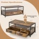 Rustic brown coffee table with 2 drawers and open shelf, featuring a sturdy metal frame and ample storage for living.