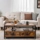 Rustic brown coffee table with 2 drawers and open shelf, featuring a sturdy metal frame for living room use.