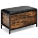 Entryway flip top ottoman stool with padded seat, durable wood and steel frame, offers storage and comfort for changing.