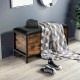 Entryway flip top ottoman stool with padded seat, wood and steel frame, offering storage and comfort for shoe changing.
